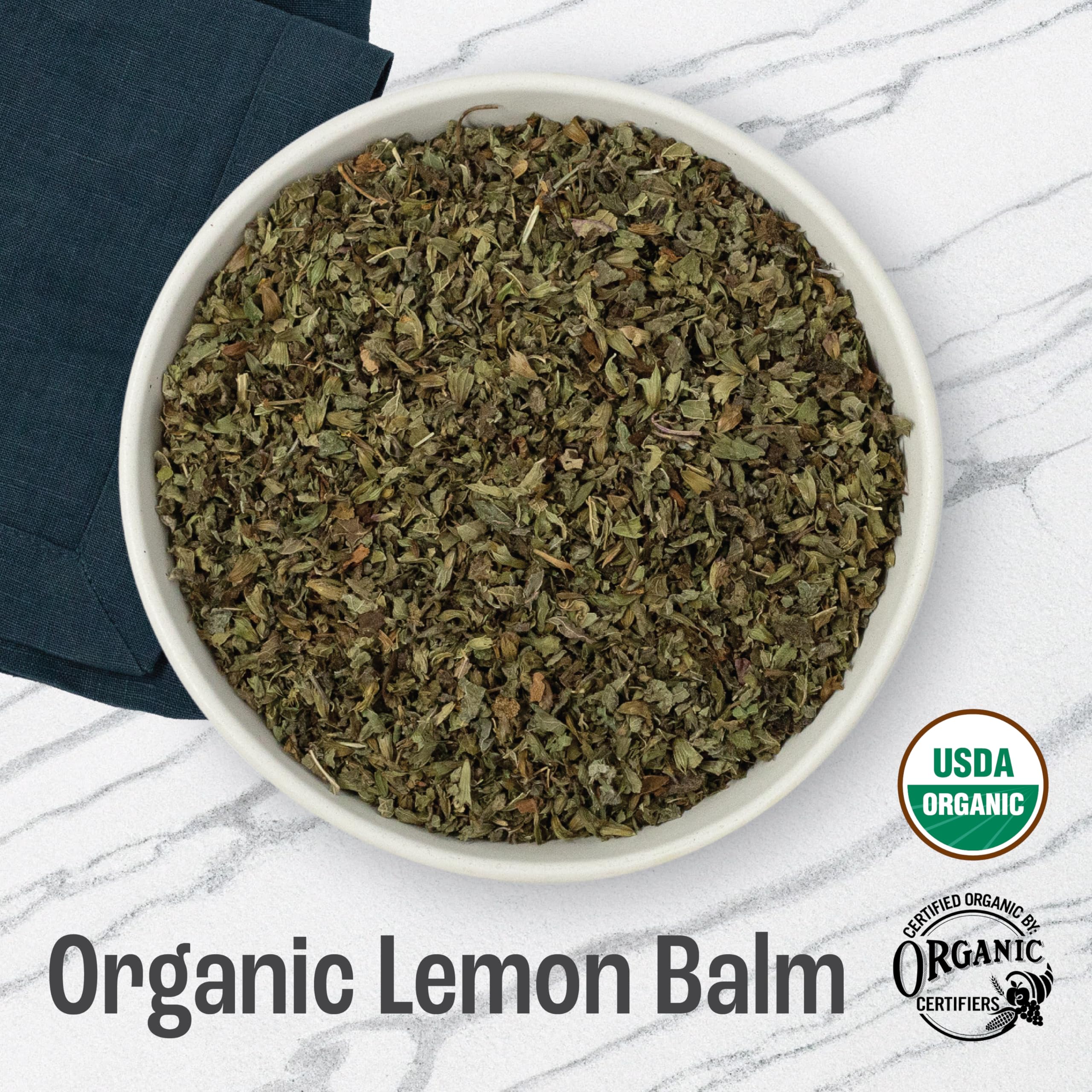 J Mac Botanicals close-up of dried lemon balm leaves and texture
