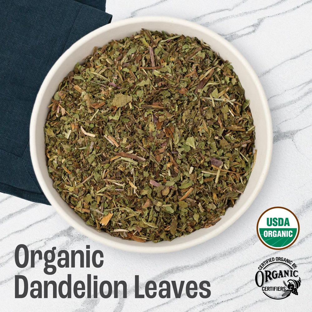 J Mac Botanicals close-up of cut-and-sifted dandelion leaves revealing texture and brewing quality