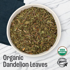 J Mac Botanicals close-up of cut-and-sifted dandelion leaves revealing texture and brewing quality