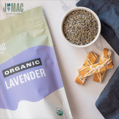 J MAC BOTANICALS measuring lavender with spoon and scale for precise recipes