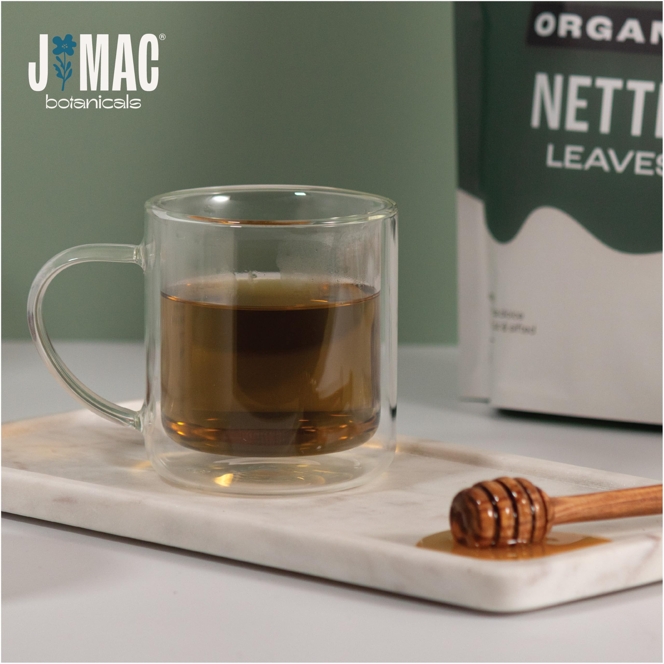 J MAC BOTANICALS close-up of nettle leaf texture showing fresh dried color and quality