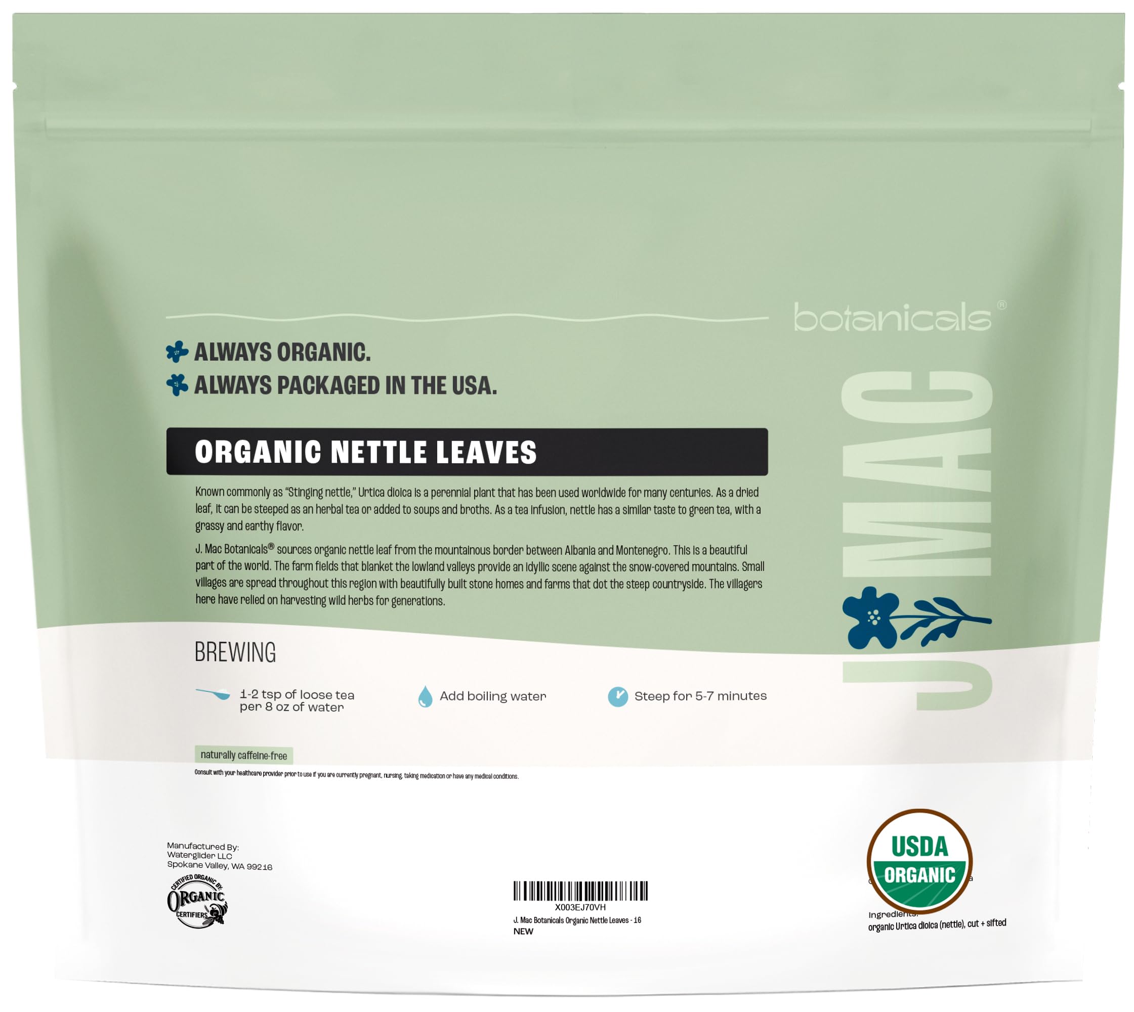 J MAC BOTANICALS kitchen scene with nettle tea and herbs showing everyday use benefit
