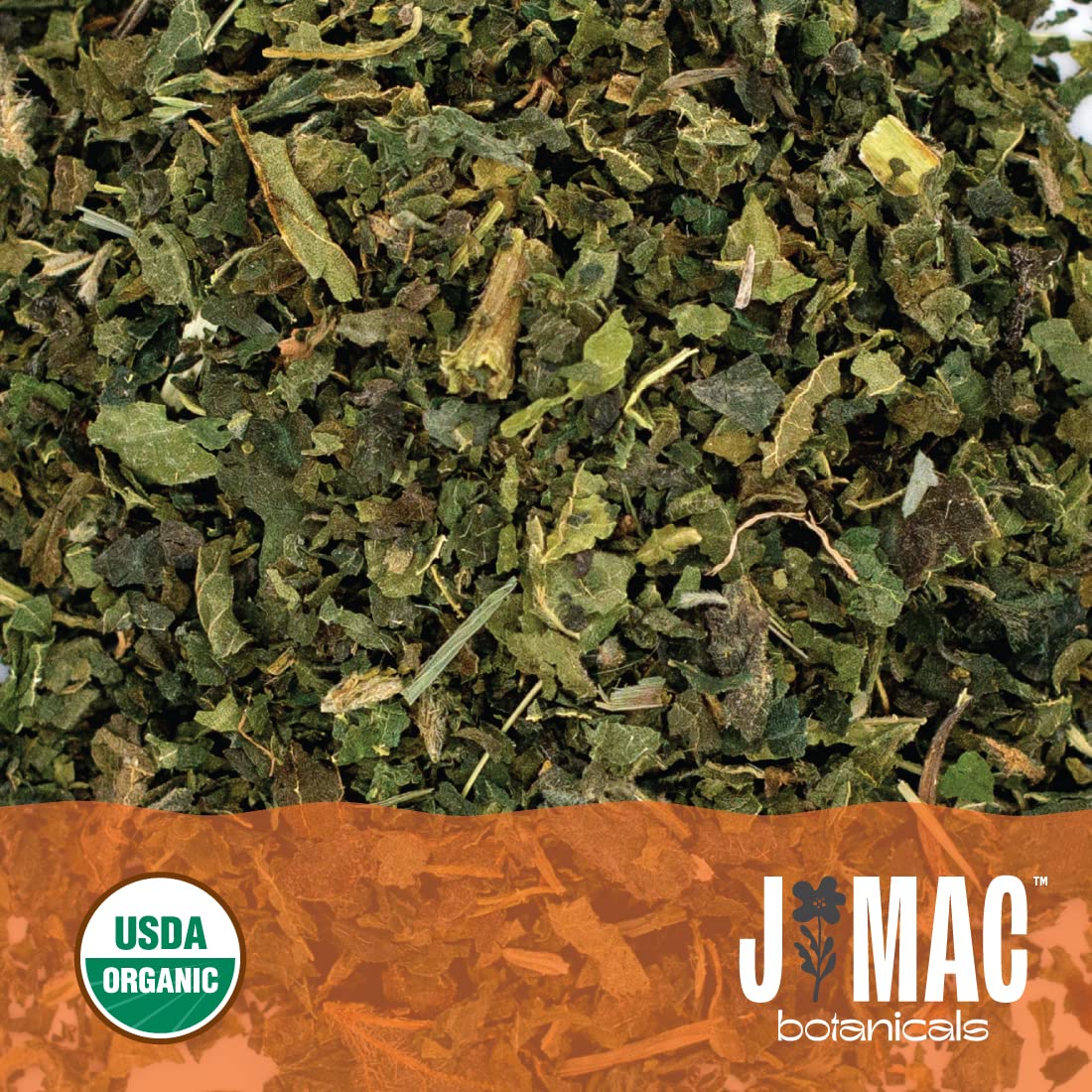 J MAC BOTANICALS label close-up with USDA organic seal showing certified sourcing