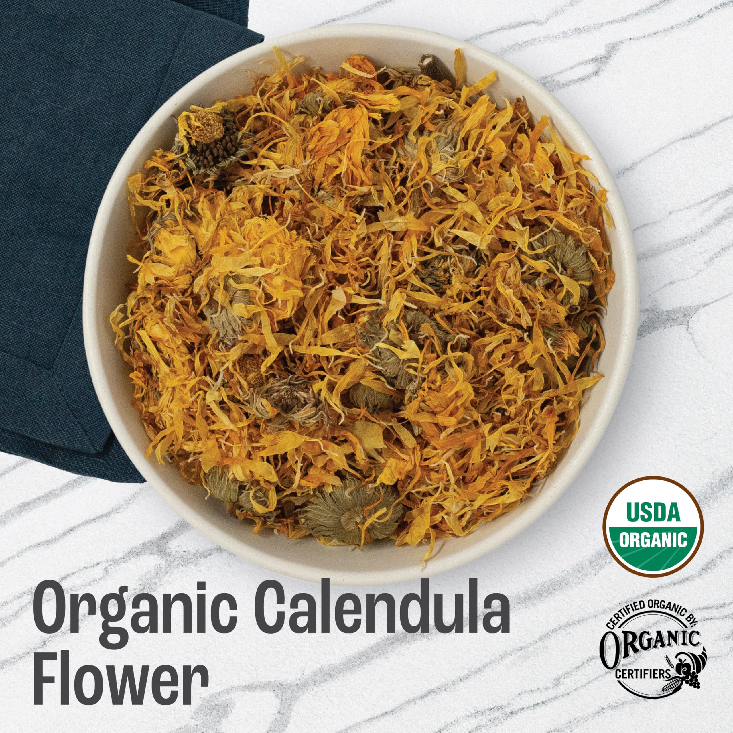 J Mac Botanicals open bag with loose dried calendula flowers ready for use and freshness benefit