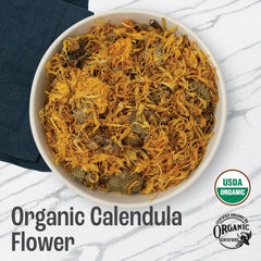 J Mac Botanicals open bag with loose dried calendula flowers ready for use and freshness benefit