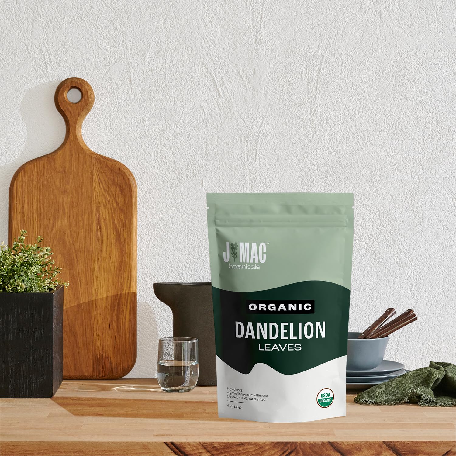 J Mac Botanicals packaging back with ingredient, weight, and USDA-certified processing details