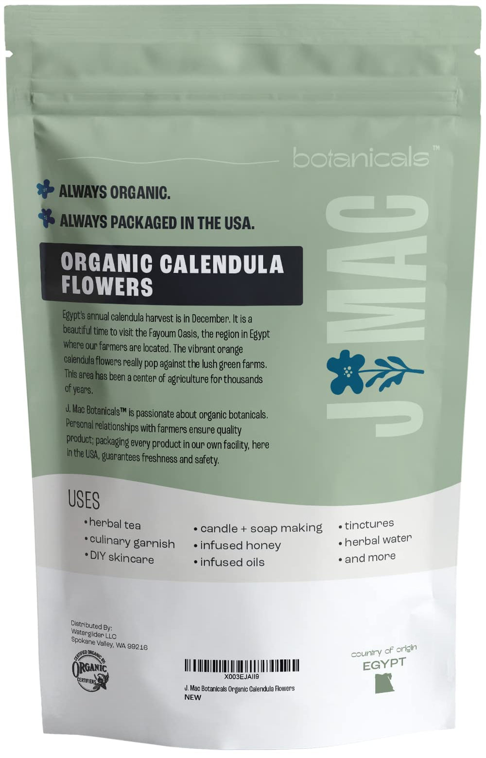J Mac Botanicals clear packaging label close-up showing organic certification benefit