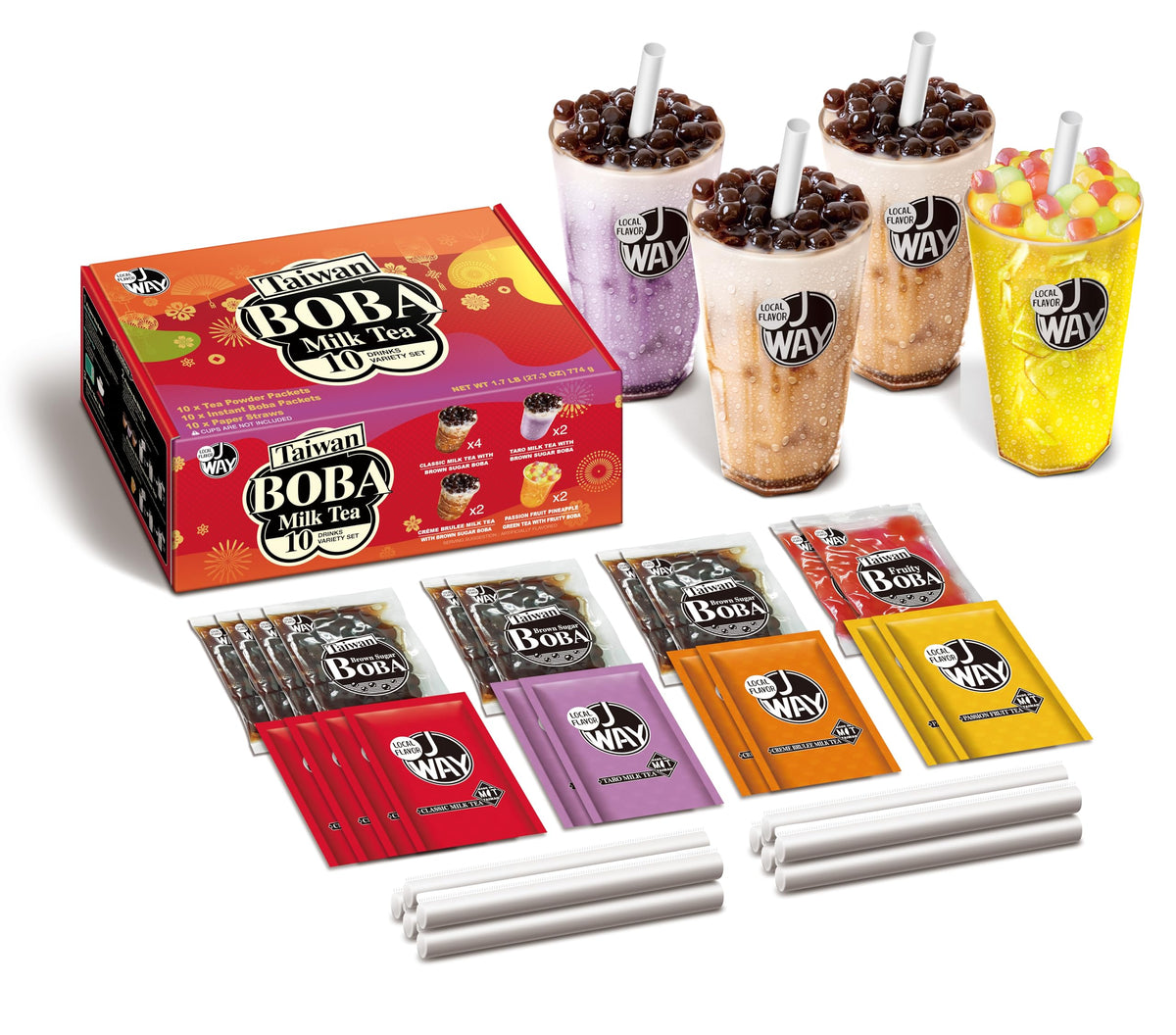 J WAY LOCAL FLAVOR front packaging showing kit contents and serving size benefit