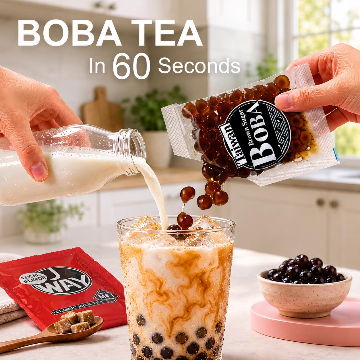 J WAY close-up of brown sugar tapioca pearls highlighting chewy texture and sweet glaze