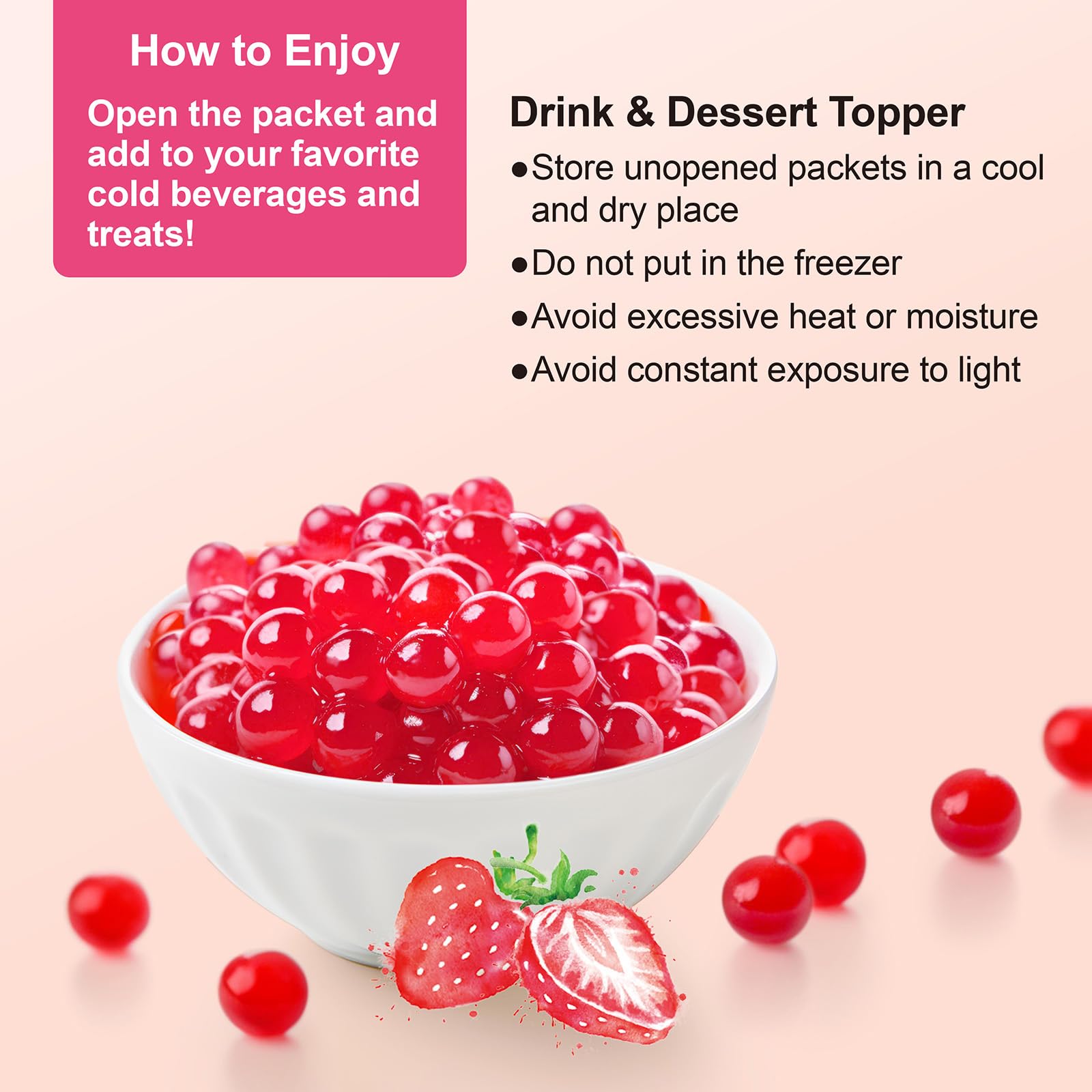 J WAY strawberry boba topping on ice cream for bright flavor