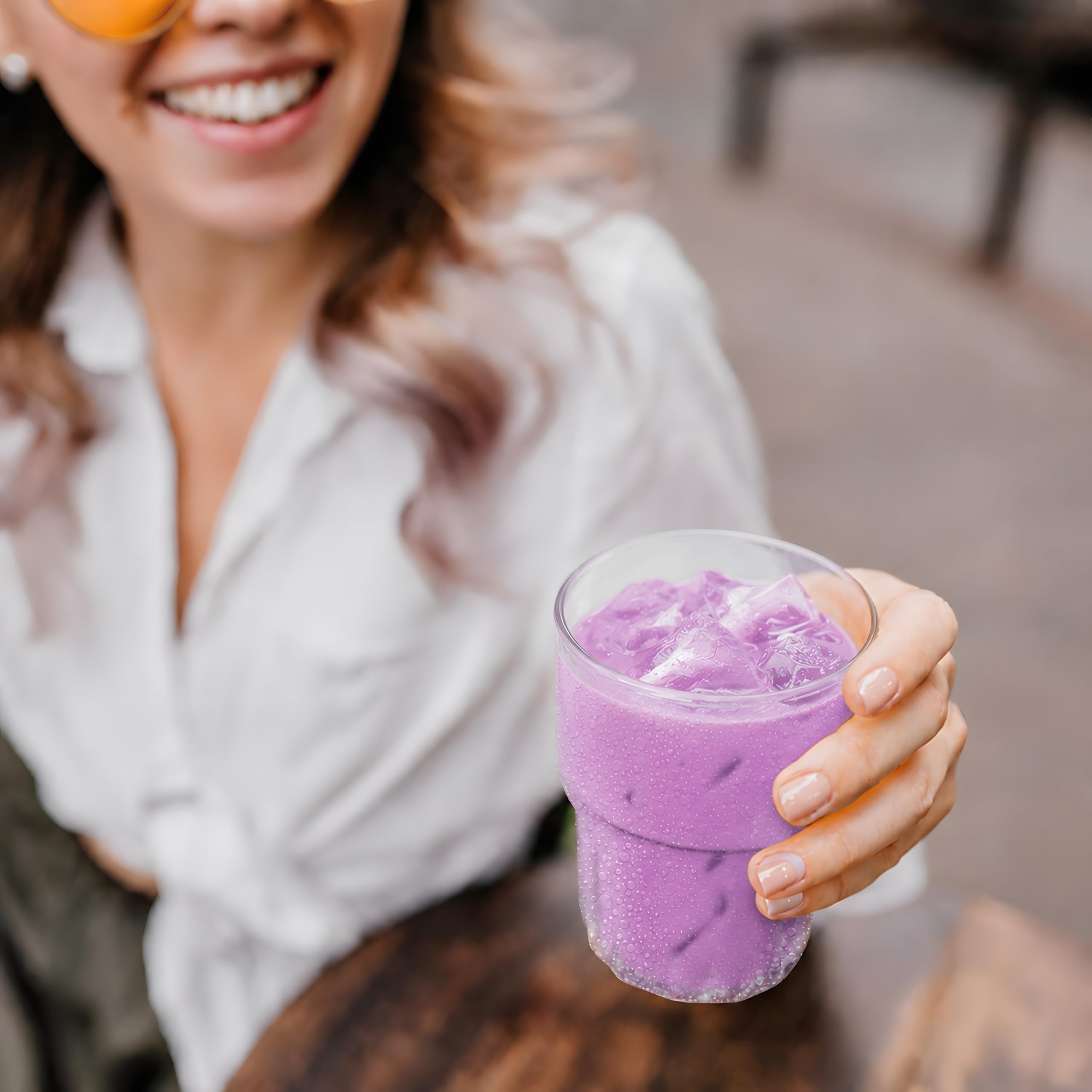 J WAY taro drink styled in cafe setting, shows professional presentation option