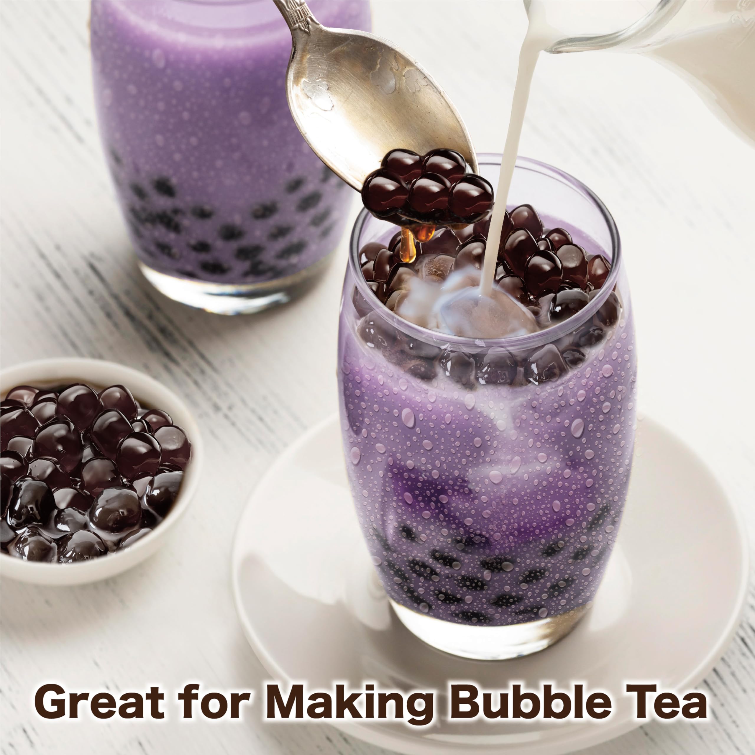 J WAY taro milk tea served with tapioca pearls, chewy boba adds texture