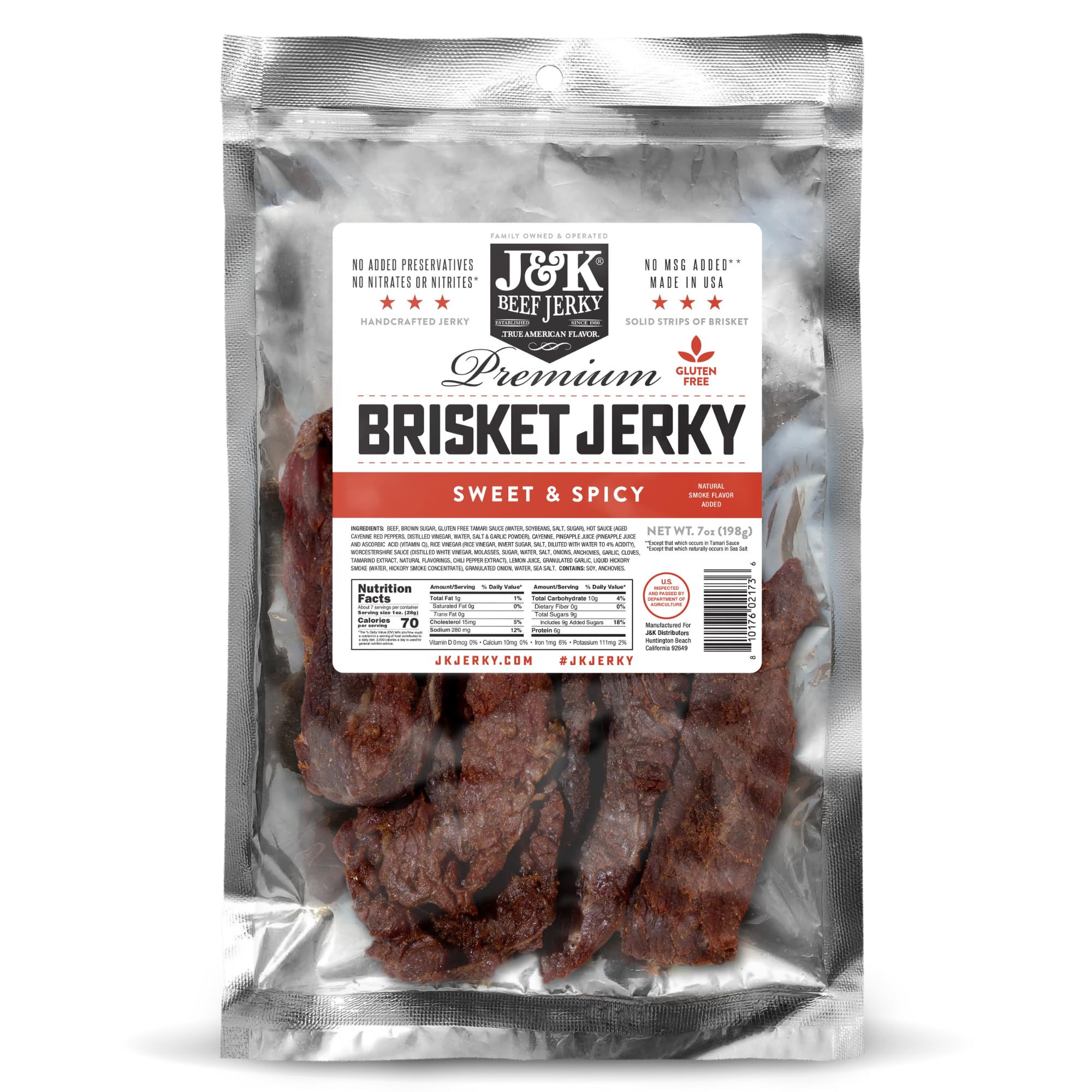 J&K Beef Jerky front packaging showing 7oz bag and brand, highlights portability and value