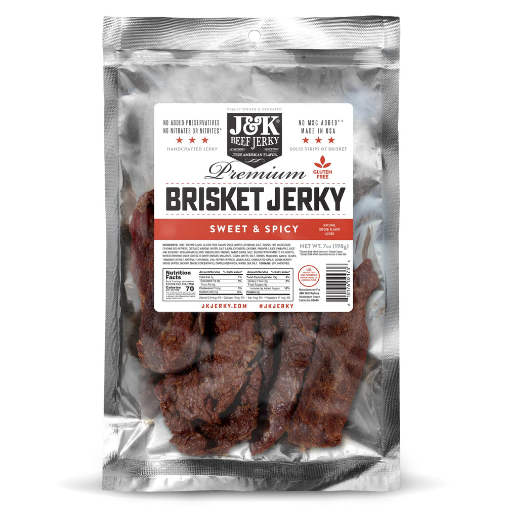 J&K Beef Jerky front packaging showing 7oz bag and brand, highlights portability and value
