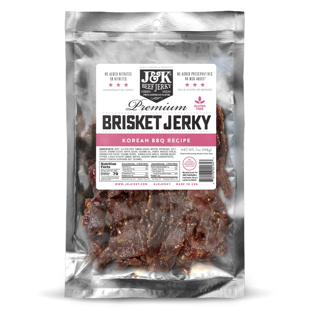 J&K Beef Jerky front packaging showing 7oz resealable bag and branding benefit