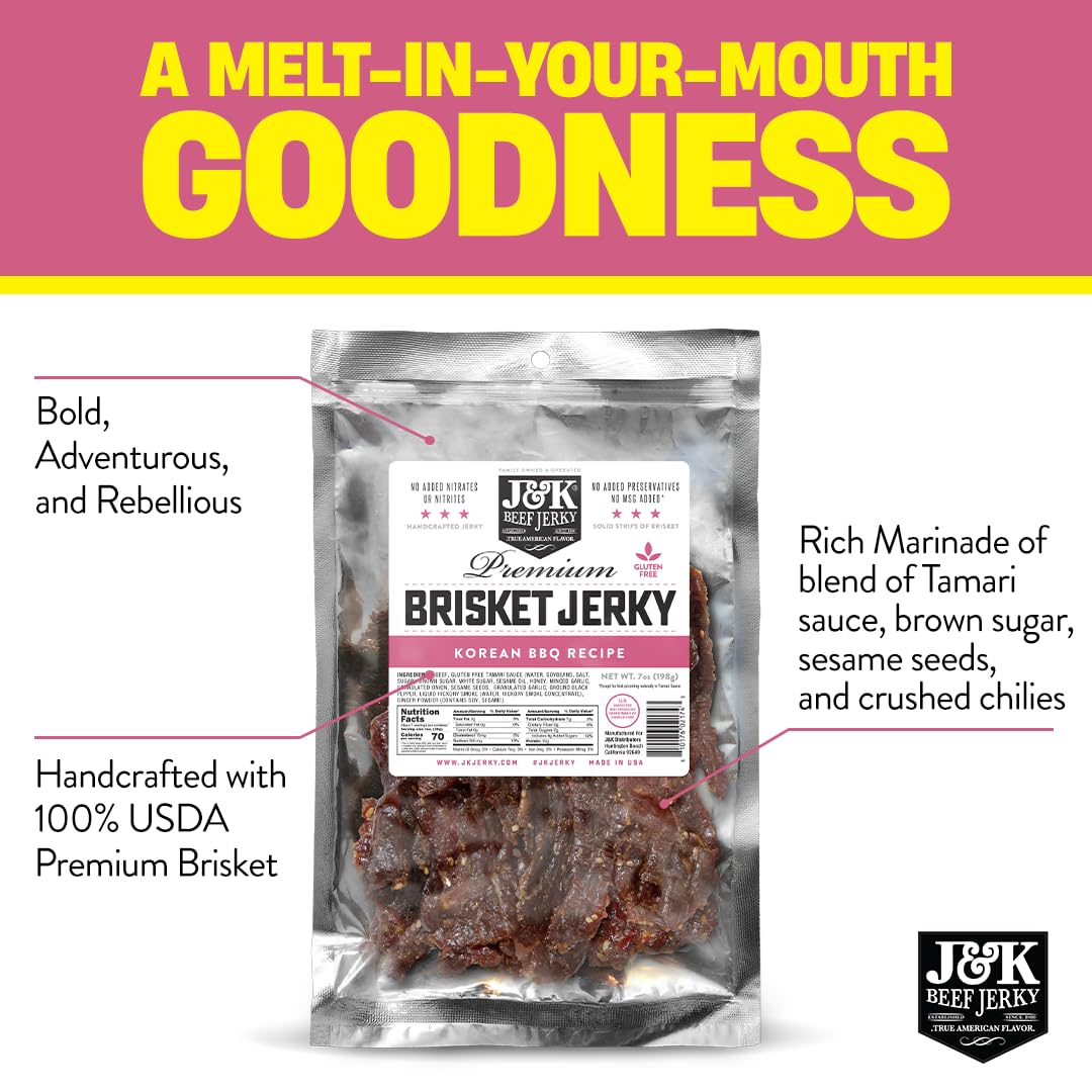 J&K Beef Jerky slab close-up displaying tender brisket texture and savory appeal