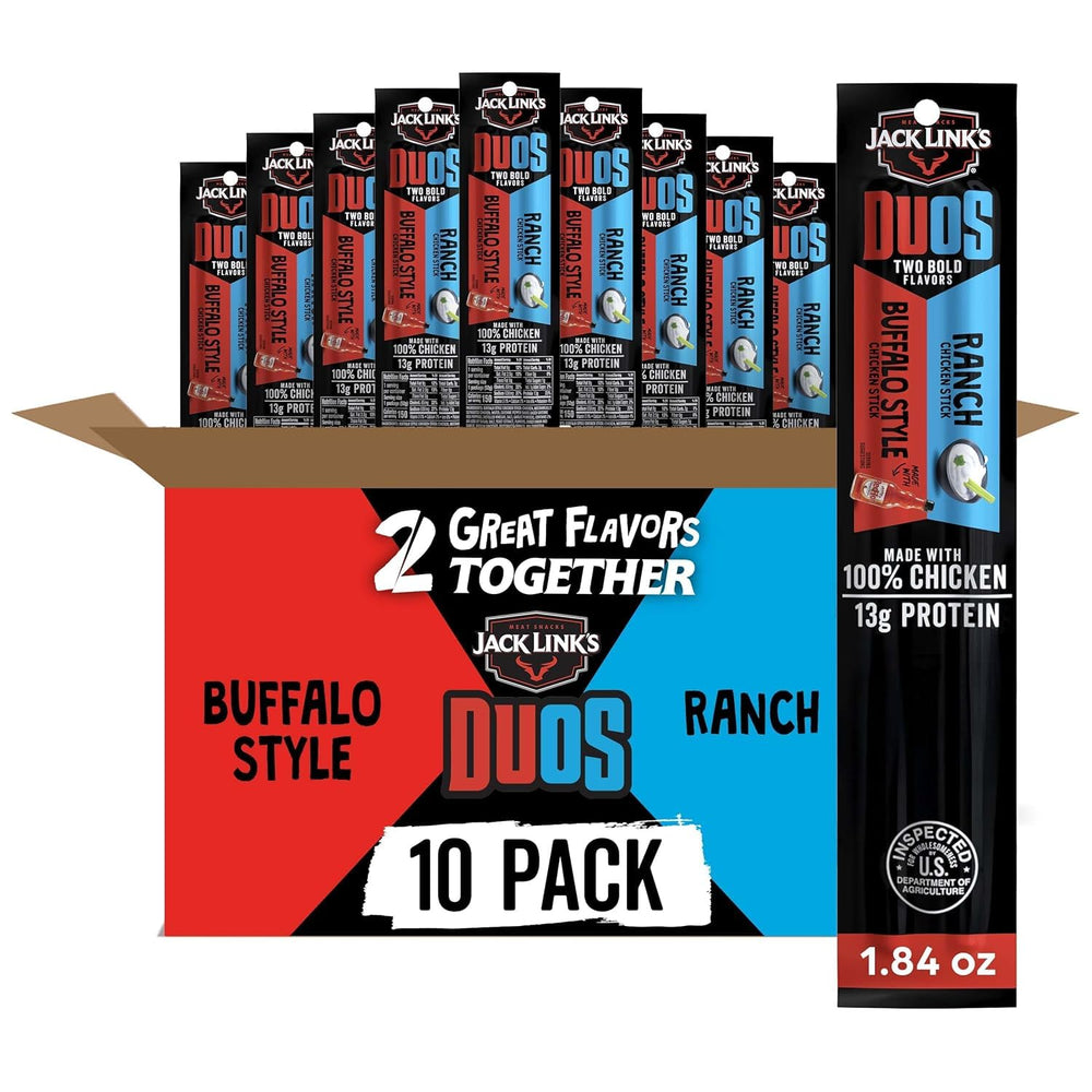 Jack Link's DUOs front packaging showing Buffalo and Ranch pairing and grab-and-go benefit