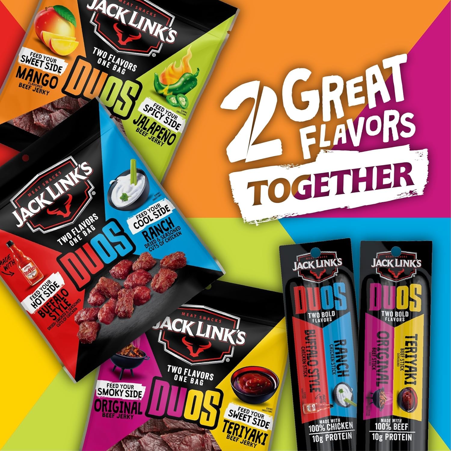 Jack Link's ten-pack layout on table emphasizing bulk buying and pantry-ready benefit