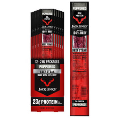 Jack Link's front packaging showing 12-pack and peppered flavor convenience