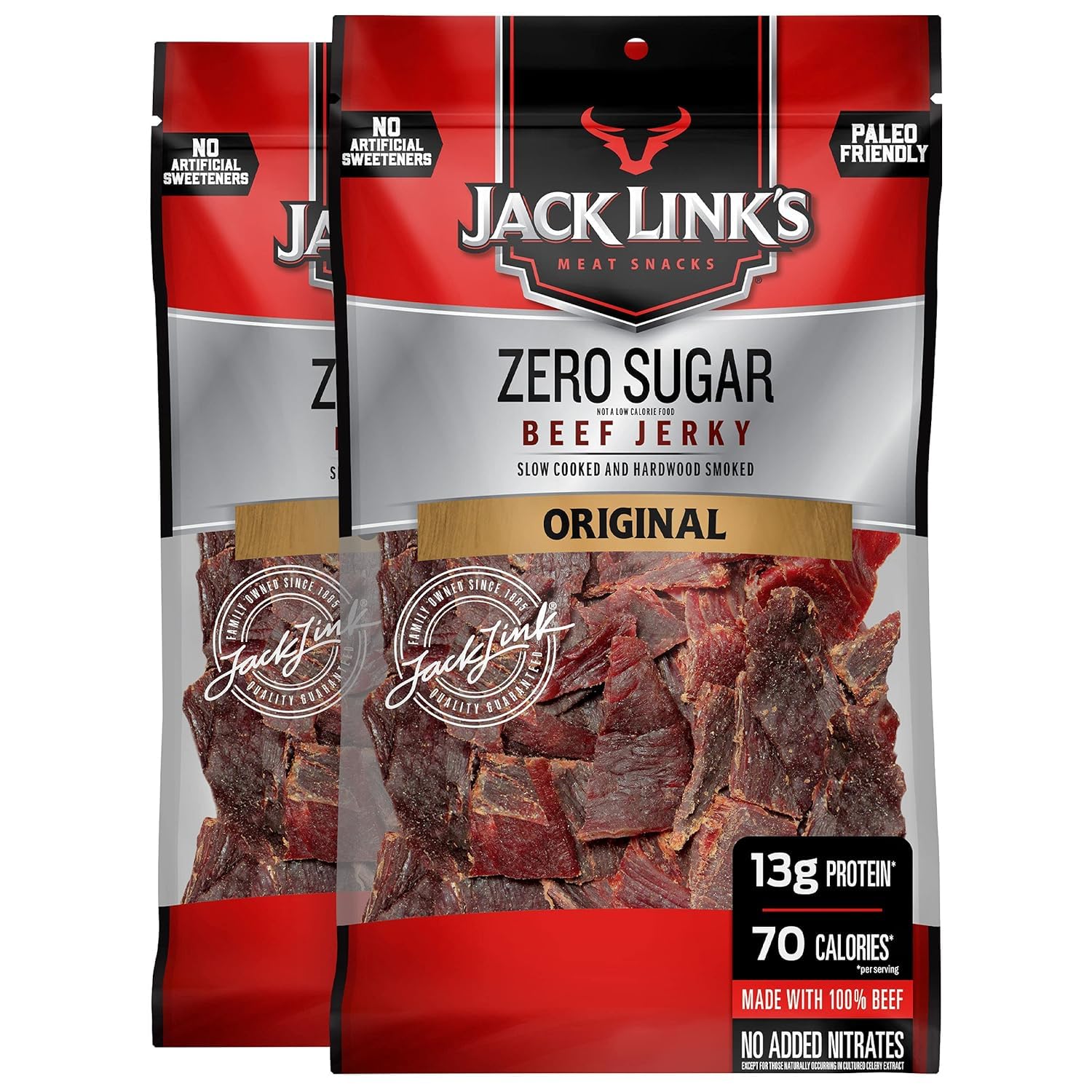 Jack Link's front packaging showing two 7.3 oz bags and nutritional callouts