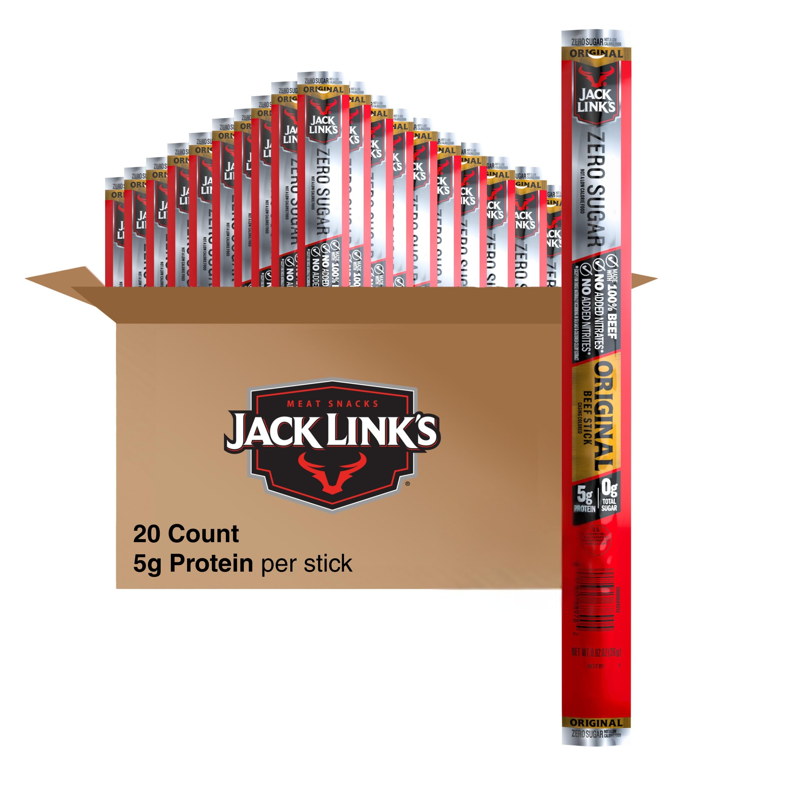 Jack Link's front packaging showing 20-count bulk pack and brand benefit