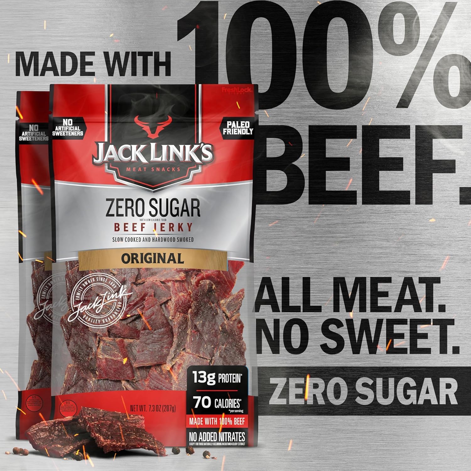 Close-up of Jack Link's jerky texture highlighting lean beef and smoky surface