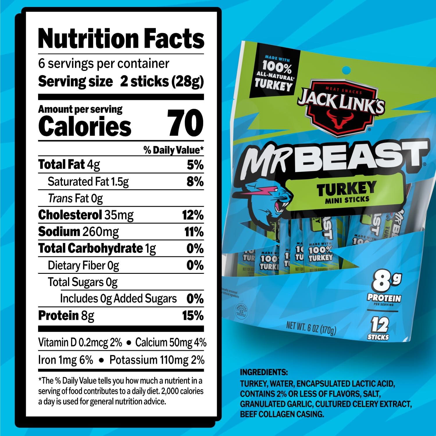 Jack Link's individually wrapped mini turkey stick for grab-and-go convenience