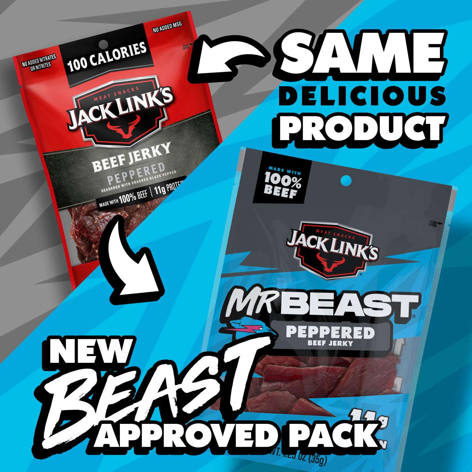 Jack Link's MrBeast open pouch with beef strips visible for grab-and-go convenience