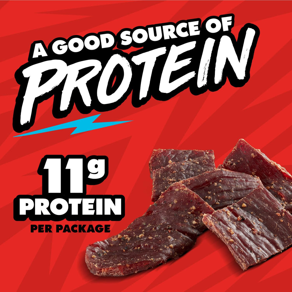 Jack Link's MrBeast serving next to a measuring tape showing portion size and protein