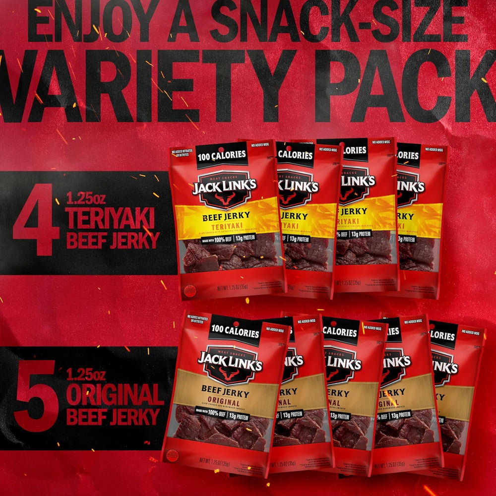 Jack Link's nine bags laid out illustrating variety and pantry-ready convenience