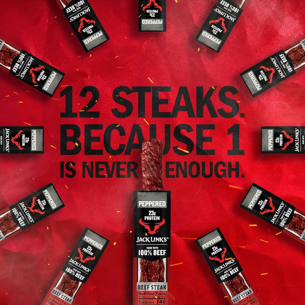 Jack Link's open steak in hand showing portion size and protein benefit