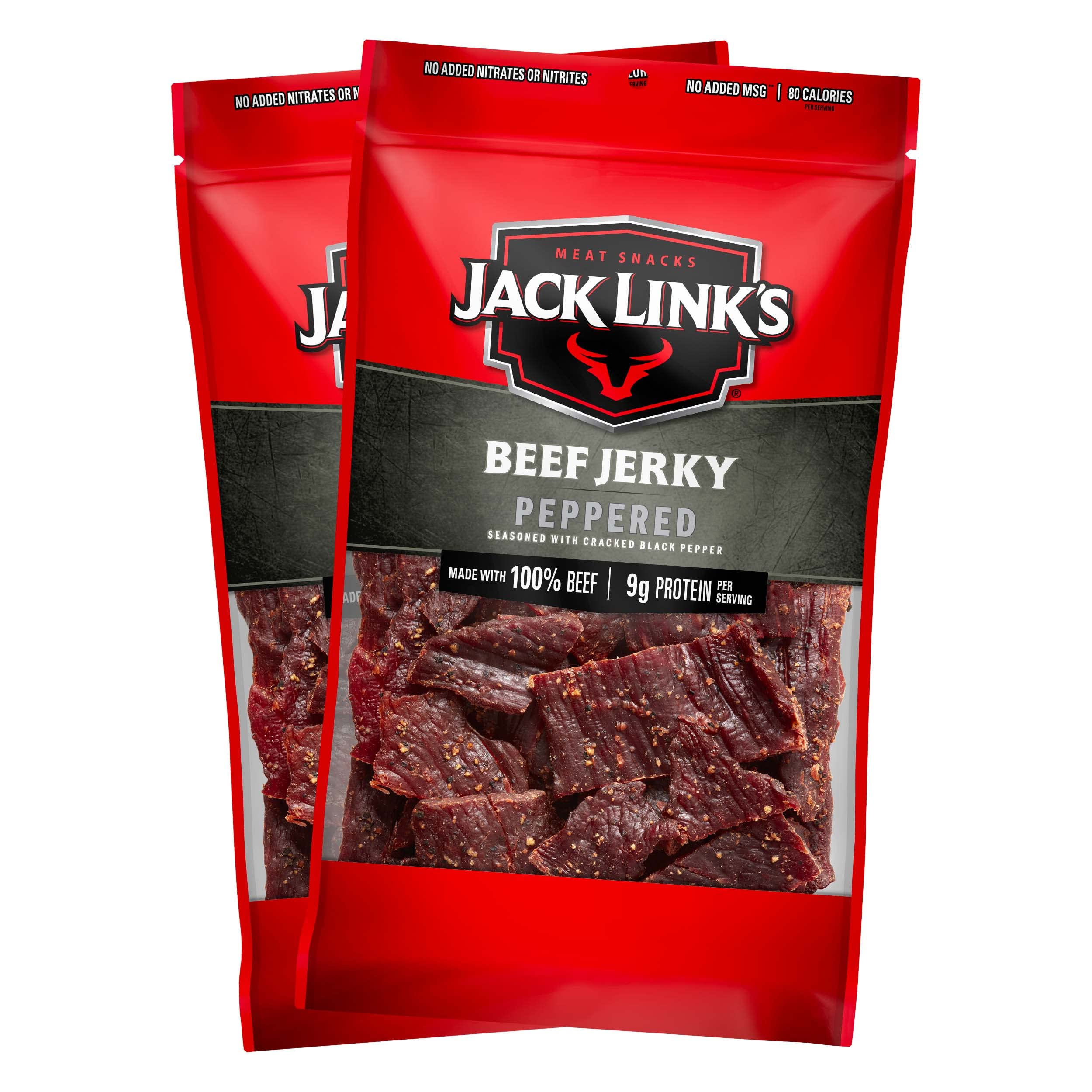Jack Link's front packaging showing two 9 oz bags and bold branding benefit convenience