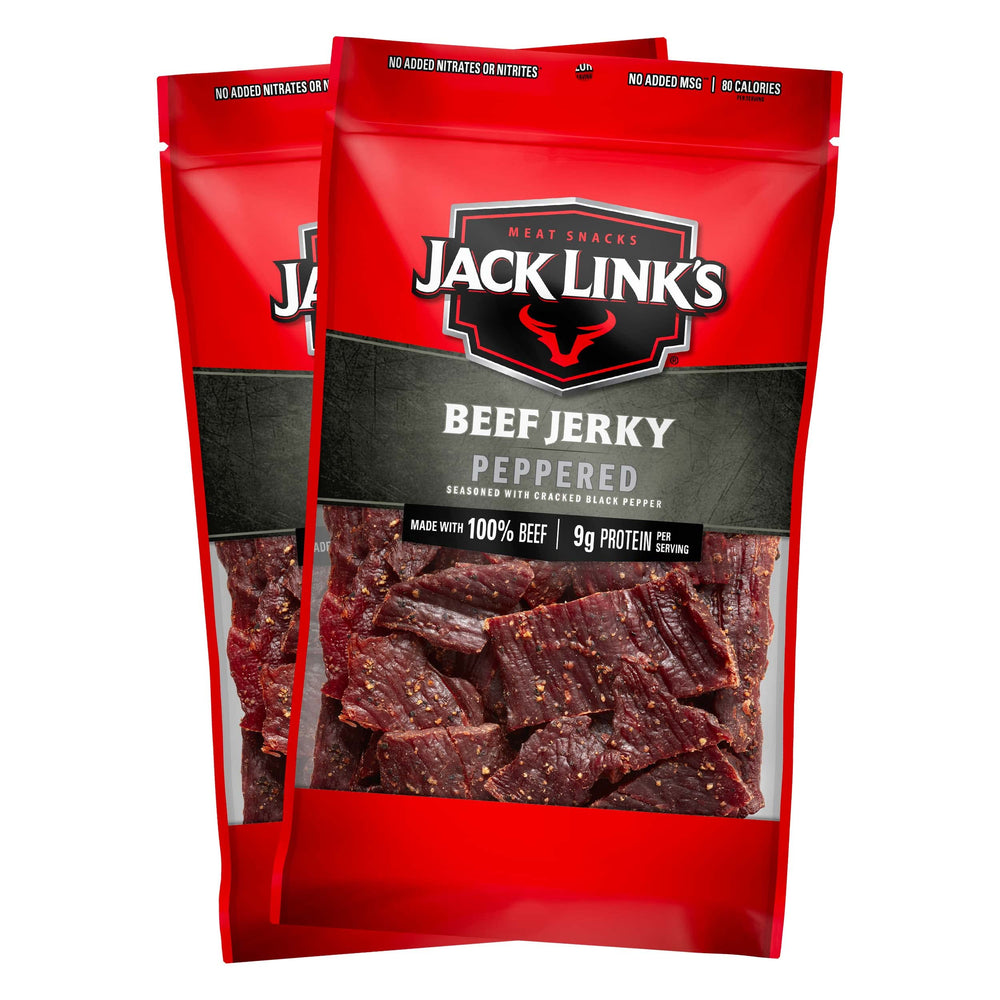Jack Link's front packaging showing two 9 oz bags and bold branding benefit convenience