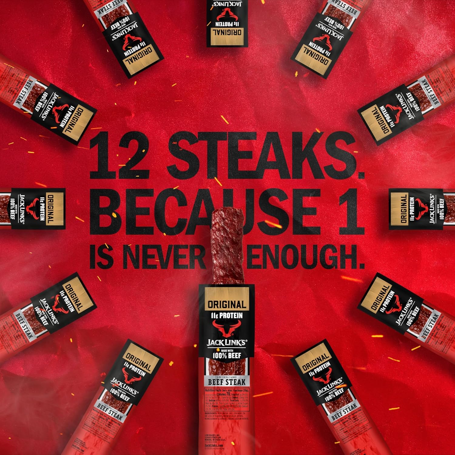 Jack Link's steak beside a measuring tape showing 1 oz serving for easy portion control