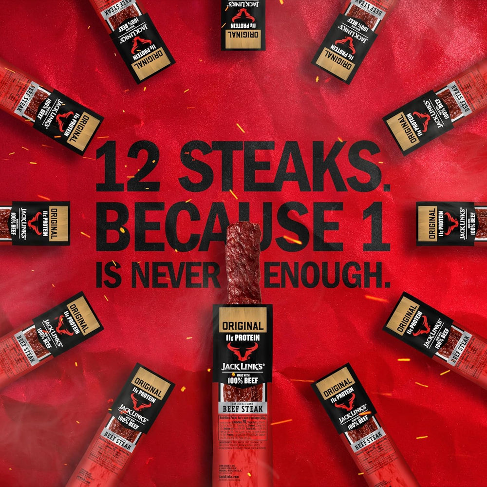 Jack Link's steak beside a measuring tape showing 1 oz serving for easy portion control