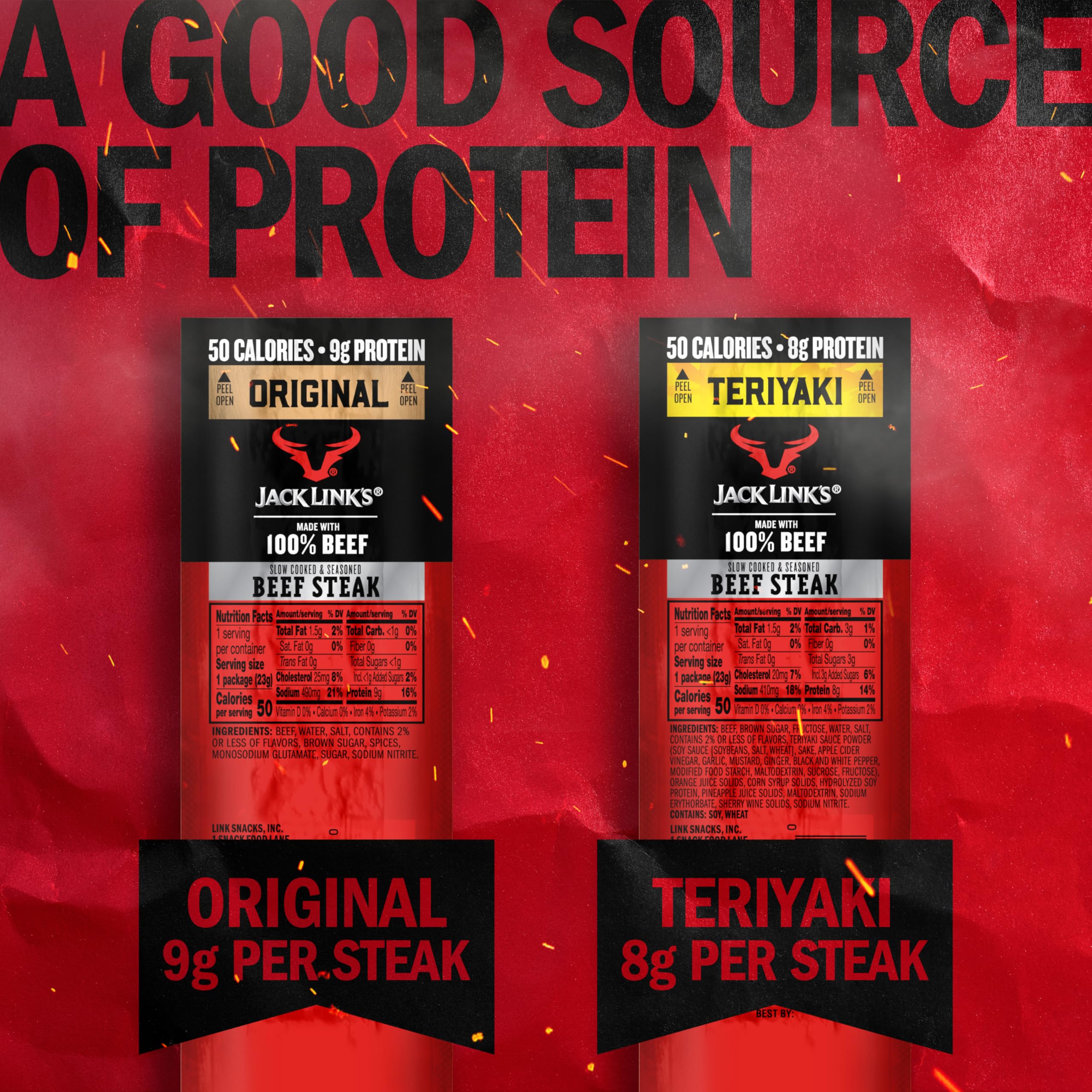 Jack Link's single steak close-up showing meat texture and portable portion