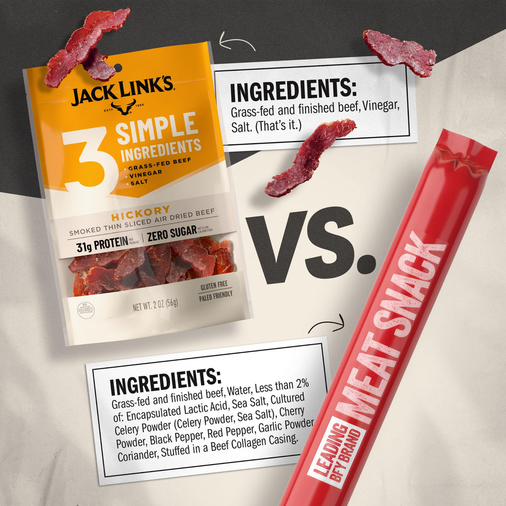Jack Link's Original and Hickory Smoked packs side-by-side showing flavor choice