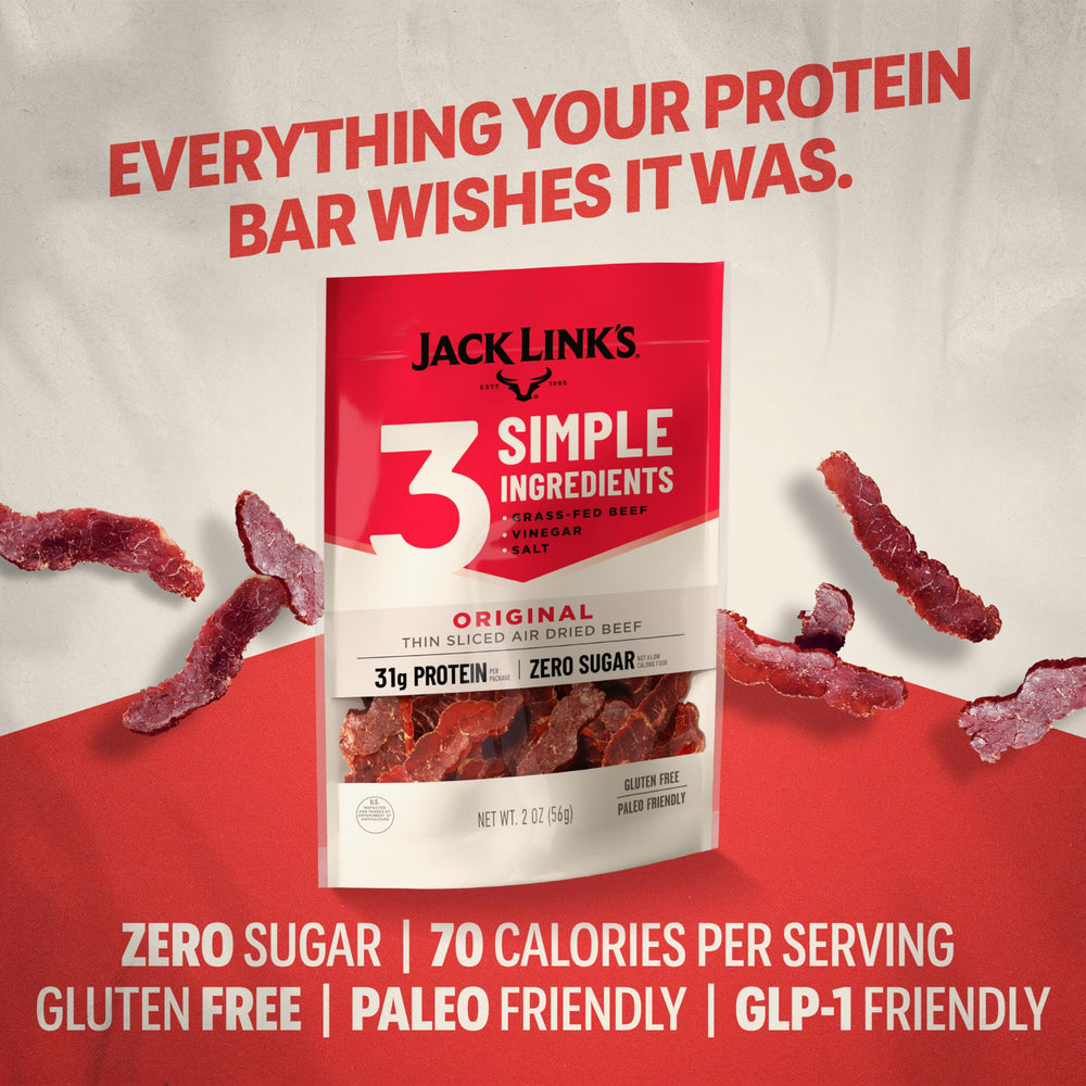 Jack Link's hand holding a 2 oz pack demonstrating portable, pocket-friendly size