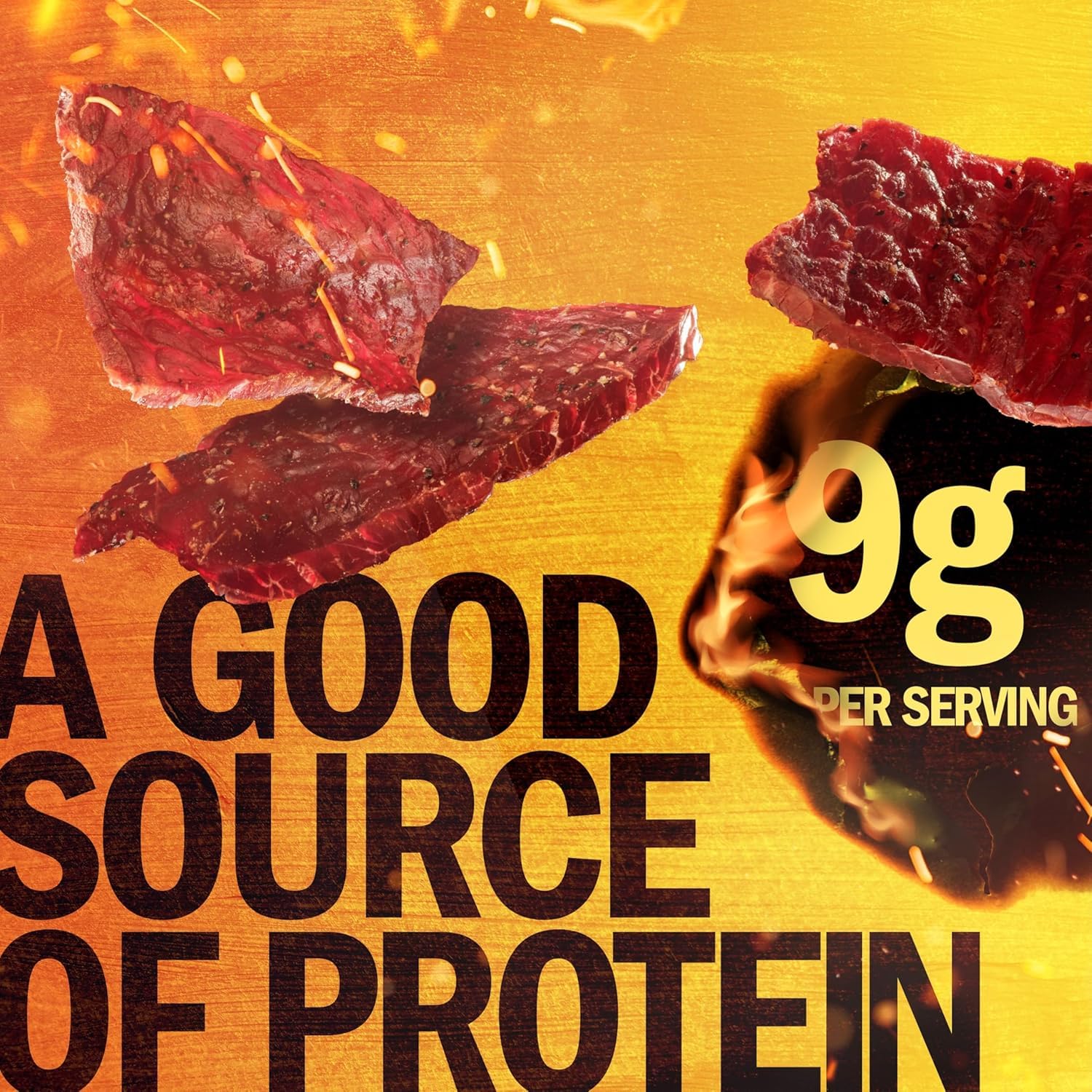 Jack Link's close-up texture of jerky slices highlighting hardwood-smoked flavor