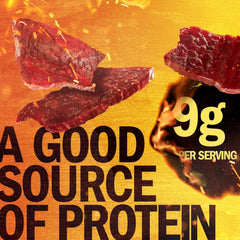 Jack Link's close-up texture of jerky slices highlighting hardwood-smoked flavor
