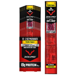 Jack Link's front packaging showing teriyaki beef steaks and protein callout
