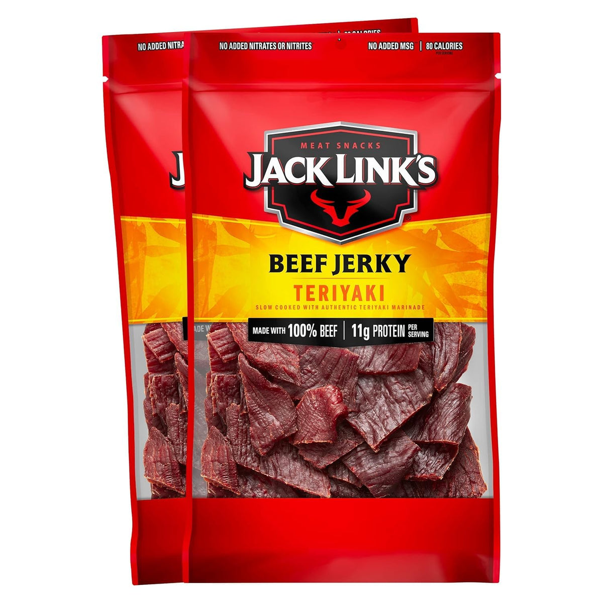 Jack Link's front pack showing teriyaki branding and two 9 oz bags for convenience