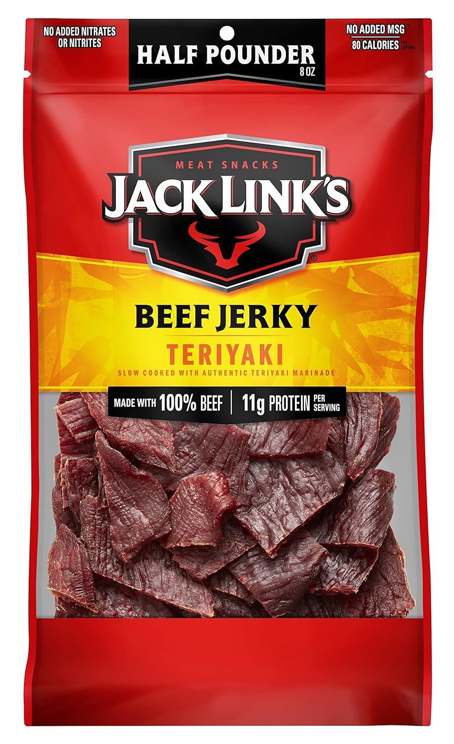 Jack Link's front packaging showing 8 oz teriyaki jerky and brand benefits