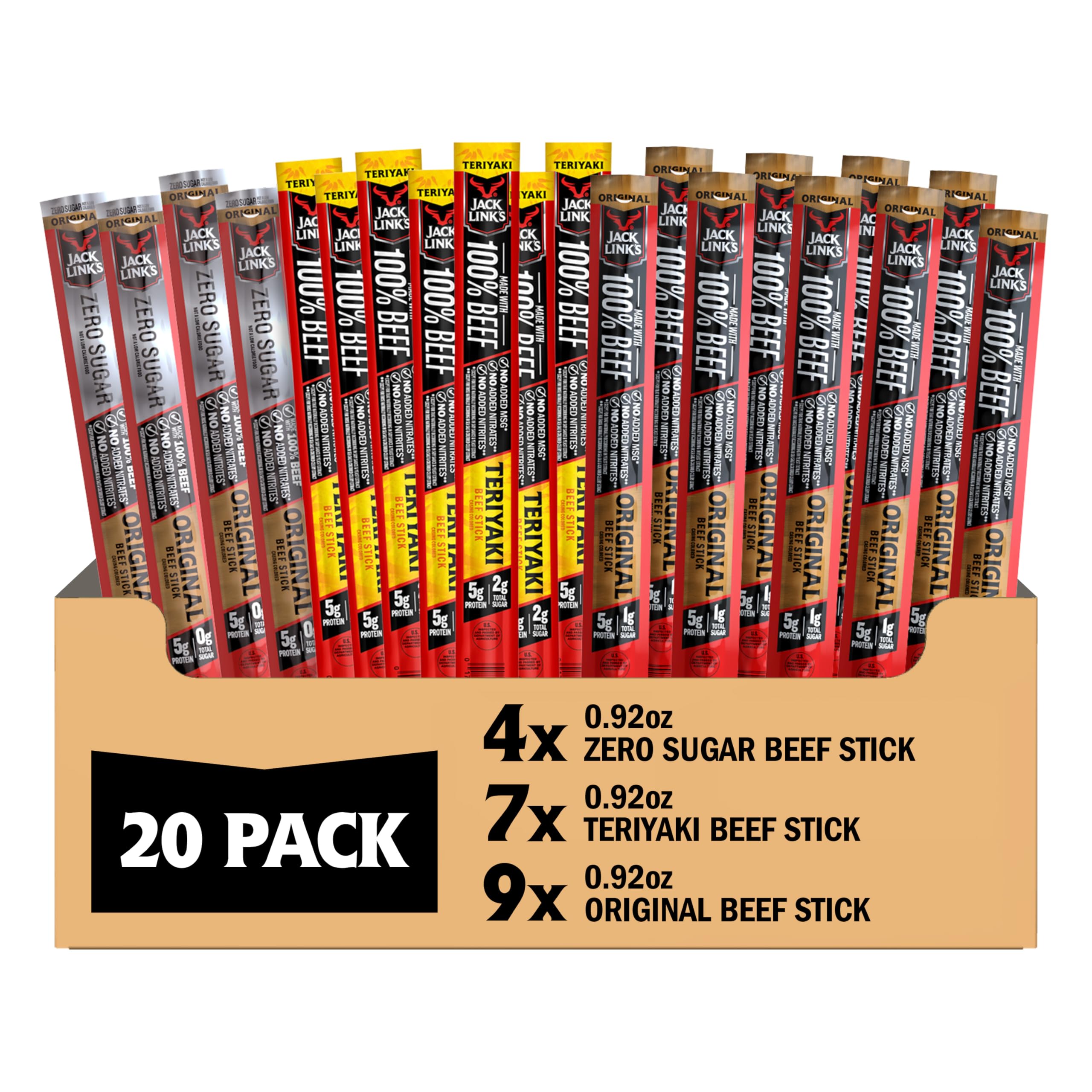Jack Link's variety pack front showing 20-stick assortment and branding