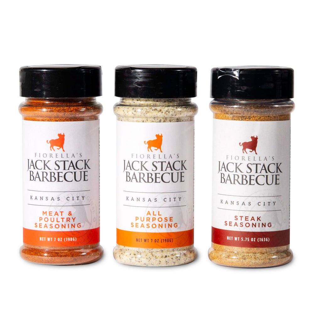 Fiorella's Jack Stack Barbecue variety pack front view showing three jars and benefits