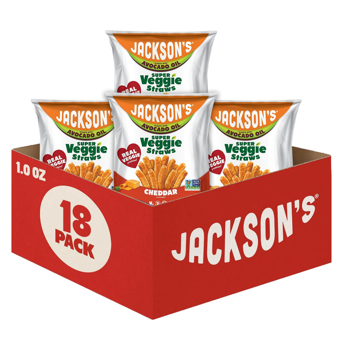 Jackson's cheddar front packaging showing 1 oz bag and branding, highlights convenient portioning