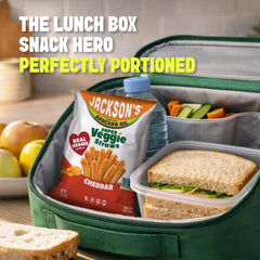 Jackson's cheddar ingredients layout with yellow pea brown rice cassava sweet potato, highlights real veggie ingredients