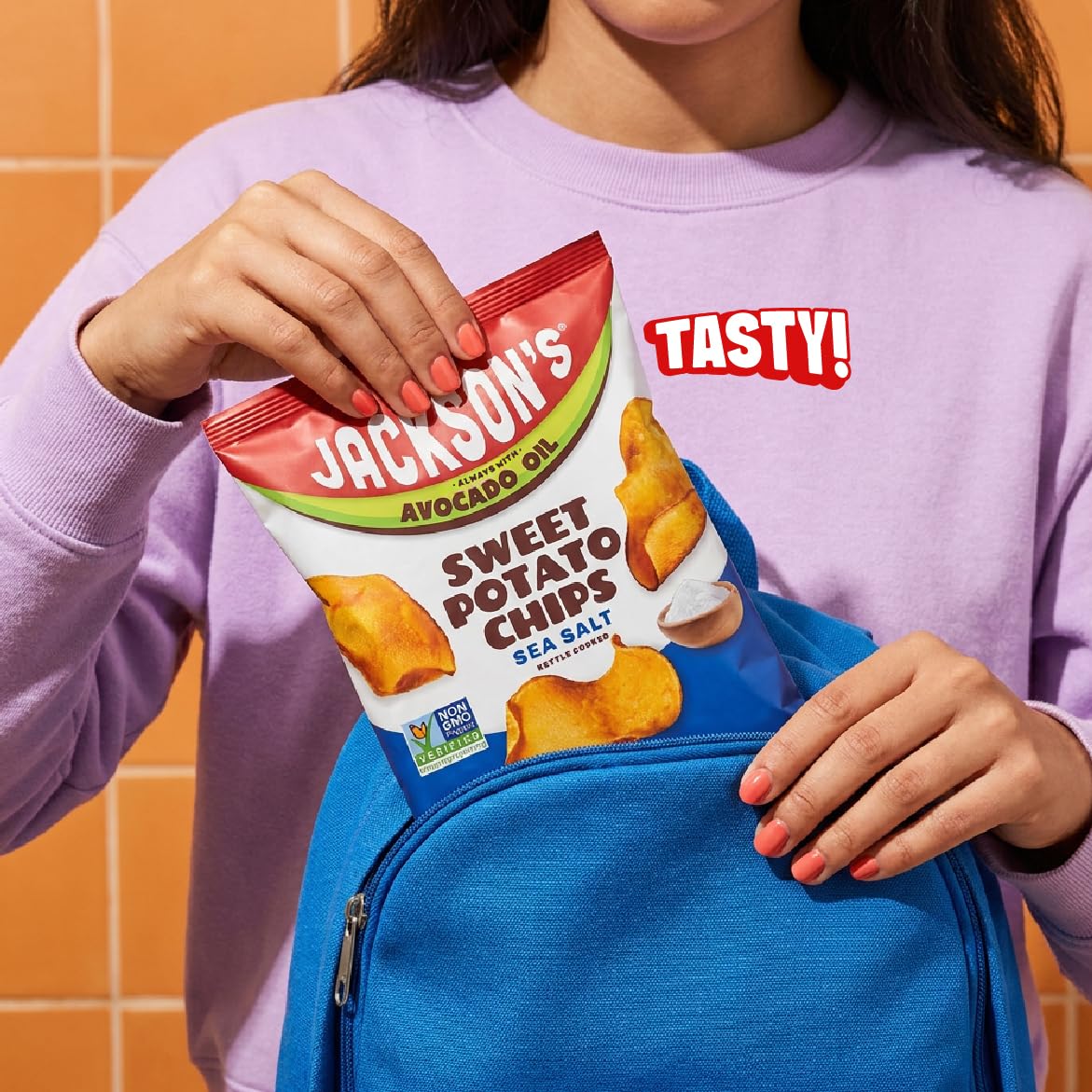 Jackson's close-up of sweet potato chip texture and kettle-cooked crunch — satisfying crisp