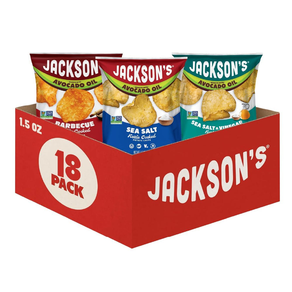 Jackson's front packaging showing 1.5oz bag and variety pack benefits