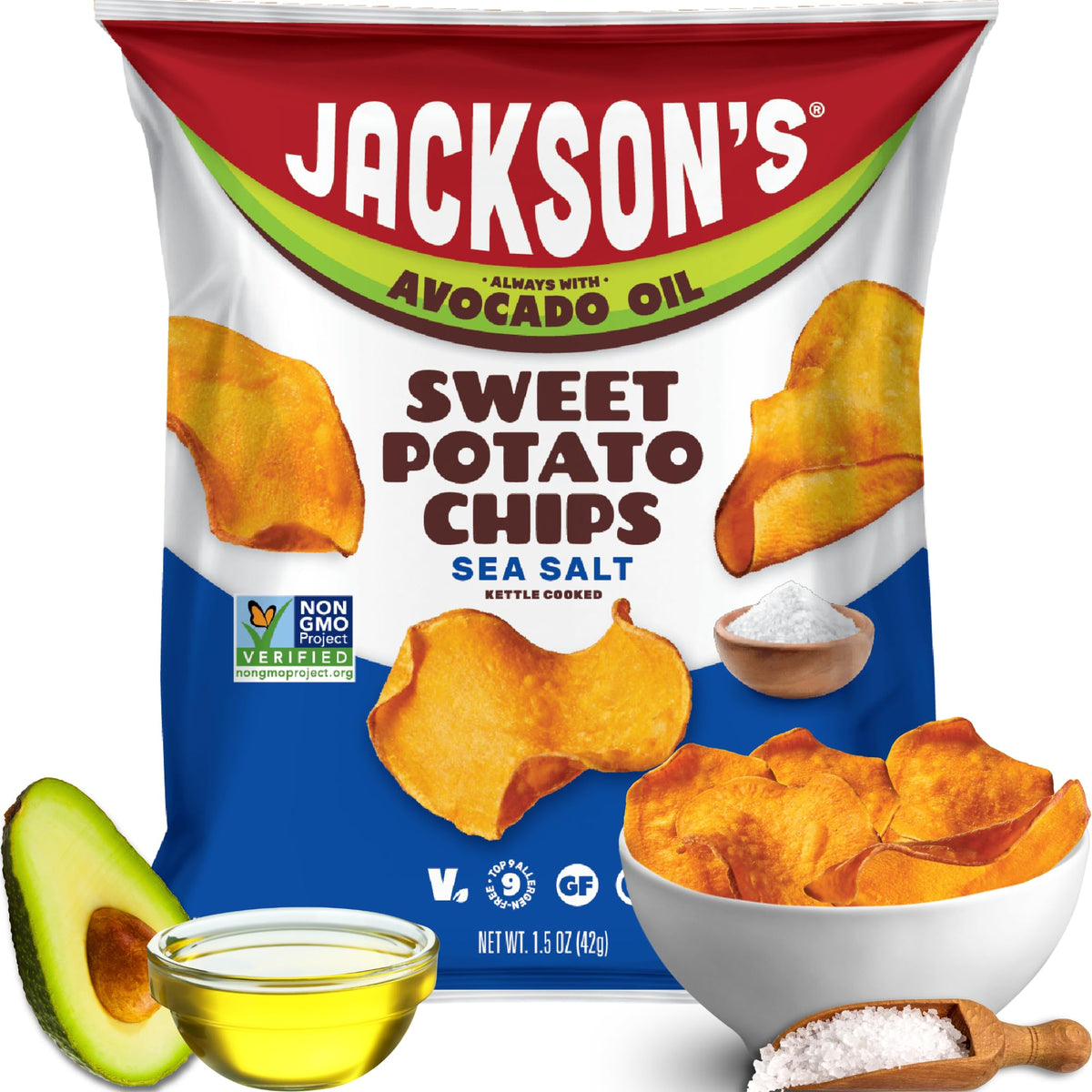 Jackson's front packaging showing sea salt single-serve 1.5oz bags and case — convenient